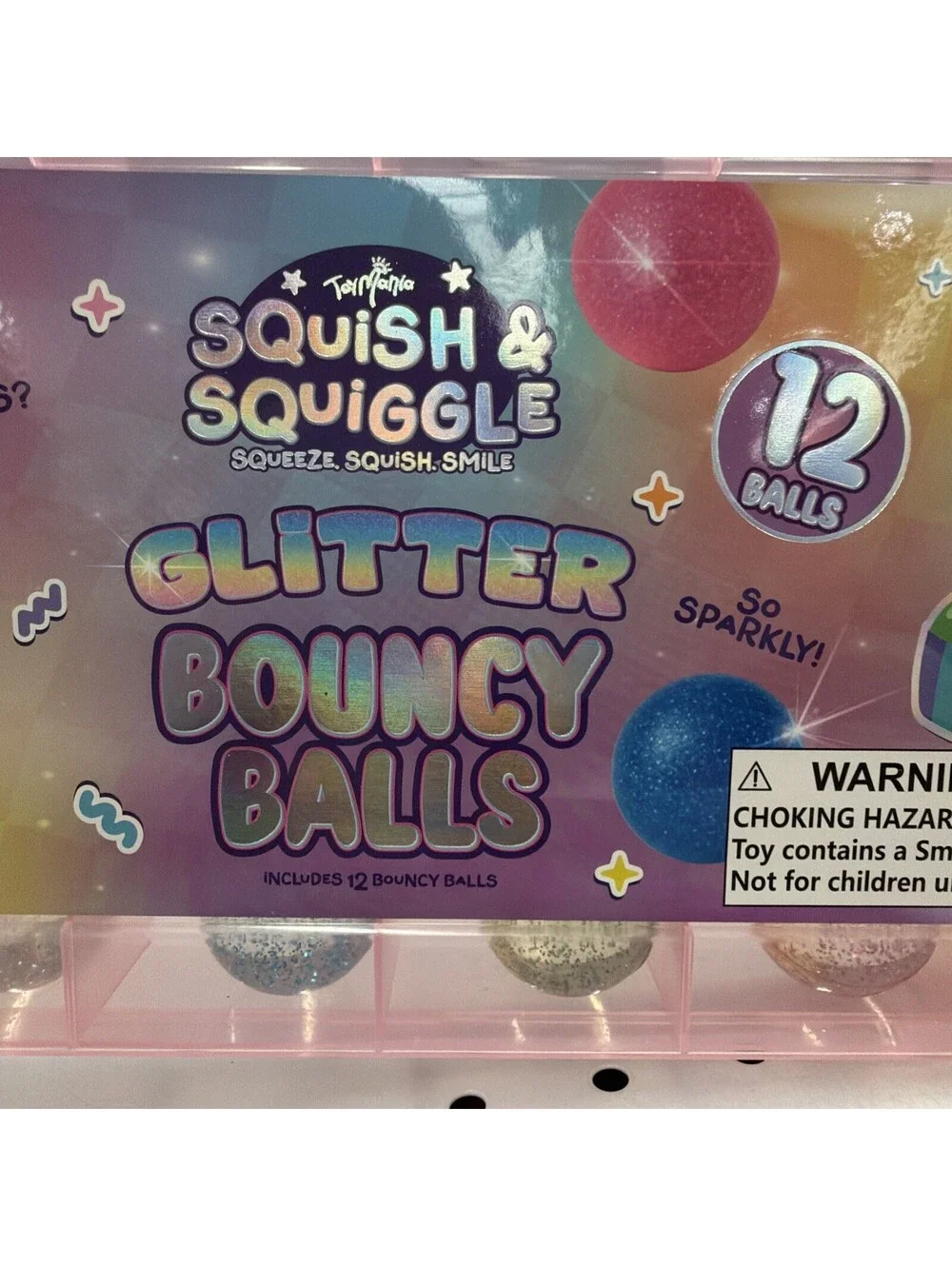 ToyMania Squish and Squiggle Glitter Bouncy balls with Carry Case 12 Balls
